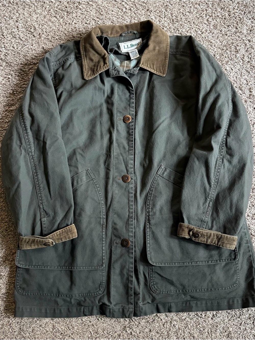Vintage LL Bean Barn Coat Chore Jacket Olive Green Corduroy Flannel Lined Medium
